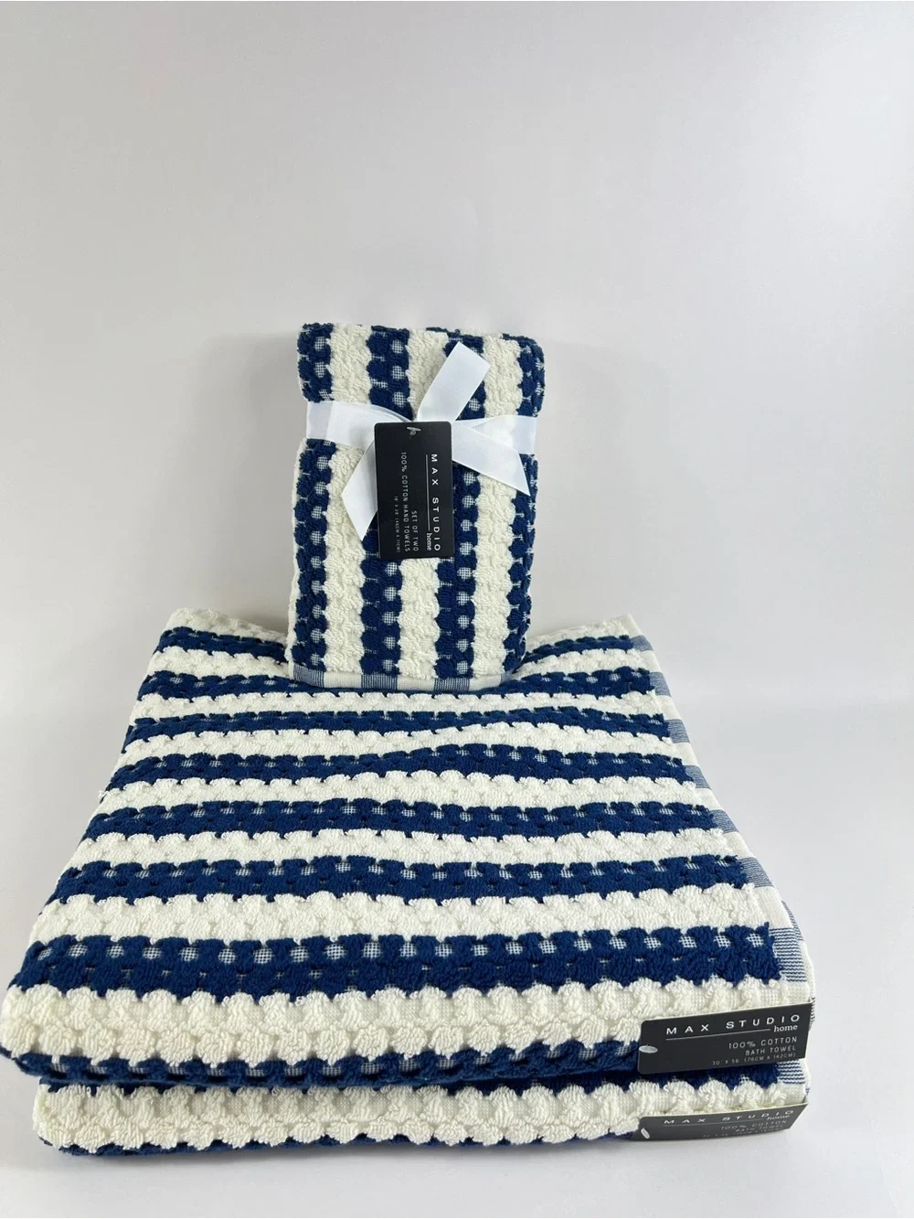 Max Studio Bath Towels Navy Cream Stripe Waffle Texture Soft Cotton 4 Pc NEW